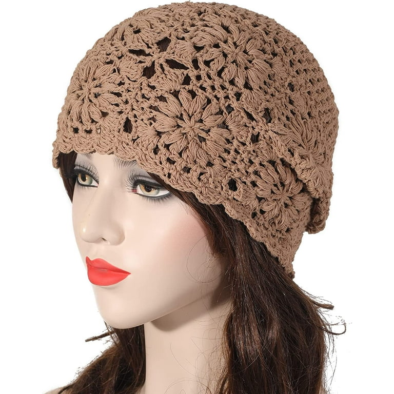 ZXM Women Cotton Crochet Slouchy Beanie Hat Handmade Knit Cutout