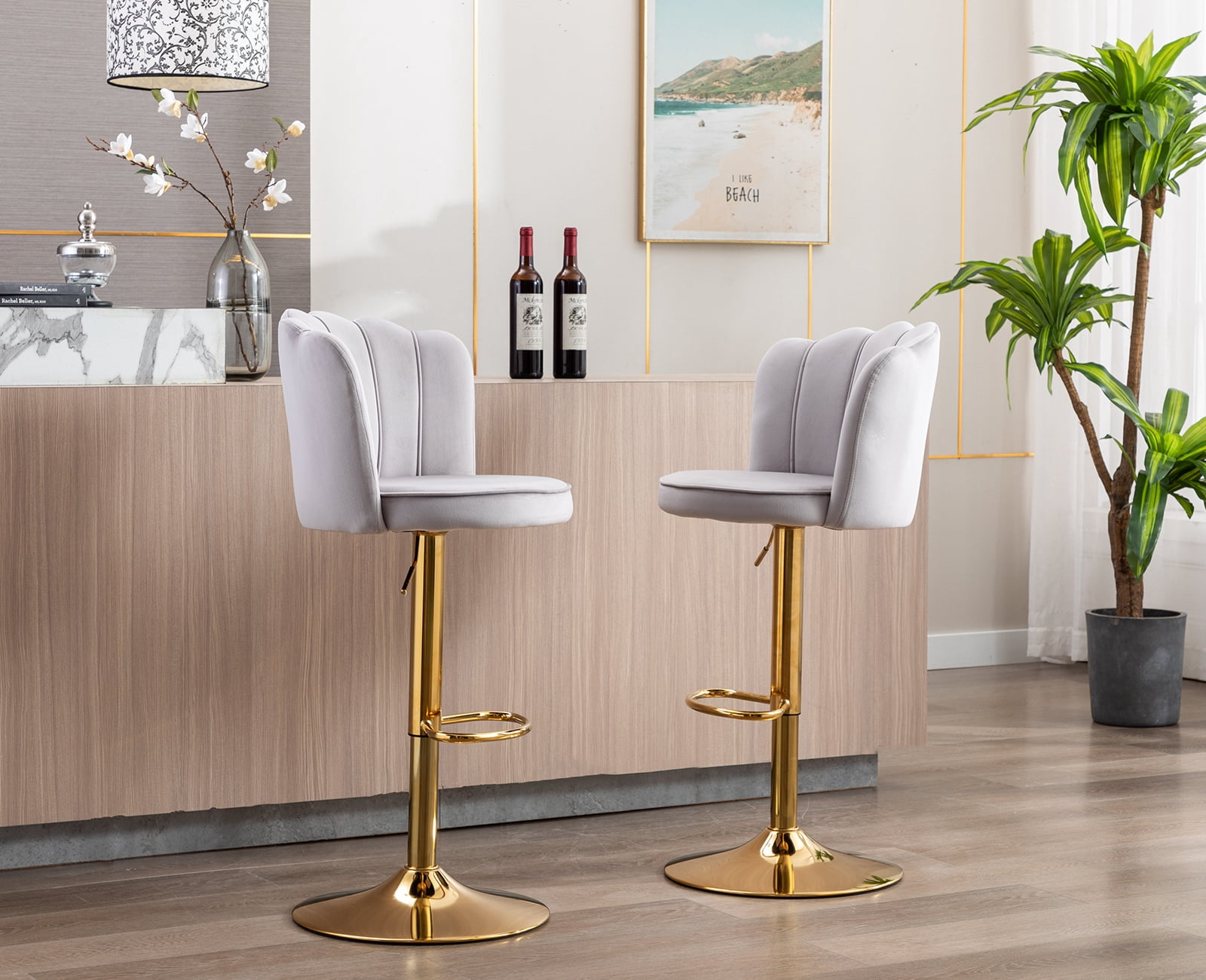 Guyou Swivel Adjustable Bar Stools Set of 2, Velvet Counter Height Barstools with Petal Back and Gold Footrest, Modern Counter Bar Height Stool Chairs for Kitchen Island Bar Cafe, Grey