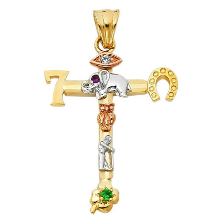 Lucky Cross Charm Solid 14k Yellow White Rose Gold Pendant Good Luck CZ Horseshoe Owl Elephant 24 x 29 mm