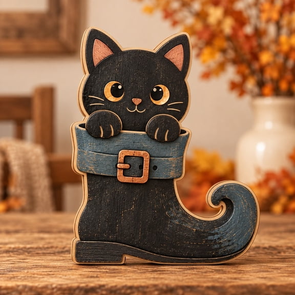 Self-Standing Plaque, Black Cat in Witch Boot 3-Layer Wood Tabletop Accent for Halloween Lovers