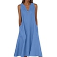 thumbnail image 3 of VBTAPA Cotton Linen Summer Dresses for Women V Neck Sleeveless Maxi Dress Flowy Beach Sundresses Loose Casual Vacation Dresses with Pockets Blue S, 3 of 6