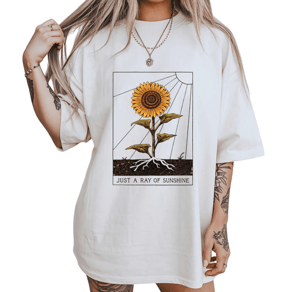 UNISHE Womens Retro Botanical Sunflower With Sunshine Quote And Root System Graphic Short Sleeve T-Shirt S-5XL White Tops