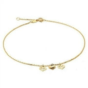 LOVEBLING 10K Yellow Gold .50mm Diamond Cut Rolo Chain with 3 Middle Heart pendants Anklet Adjustable 9" to 10" (#3)