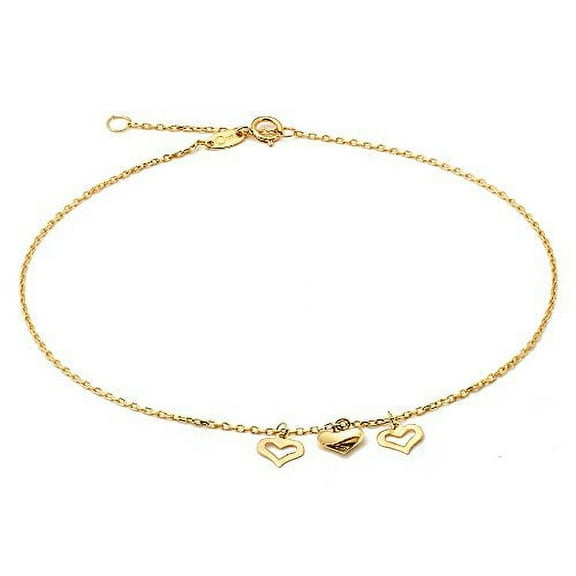 LOVEBLING 10K Yellow Gold .50mm Diamond Cut Rolo Chain with 3 Middle Heart pendants Anklet Adjustable 9" to 10" (#3)