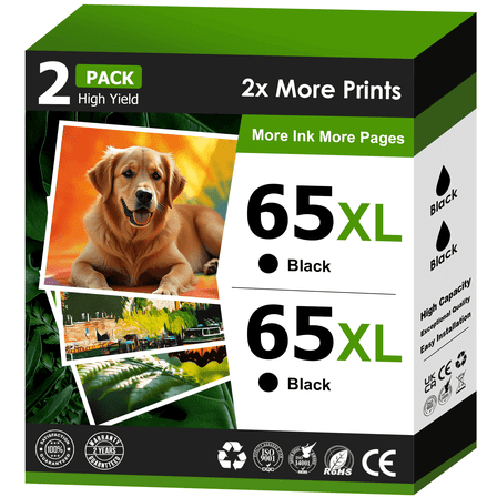 65XL Ink Compatible for HP 65 Black Ink Cartridge for HP Ink 65 for Printer Ink HP 65 (2 Black)