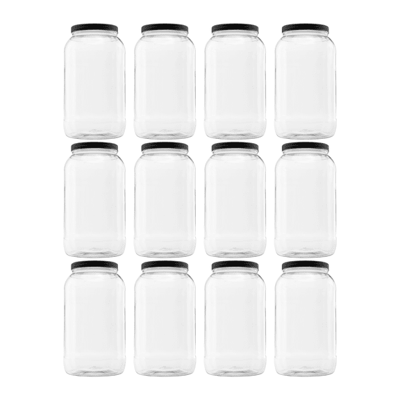 CLEARVIEW CONTAINERS: 12 Pack of 128 Ounce Plastic Gallon Jars with 110/400 Black Leak Proof Seal Lid - Food Grade and BPA Free