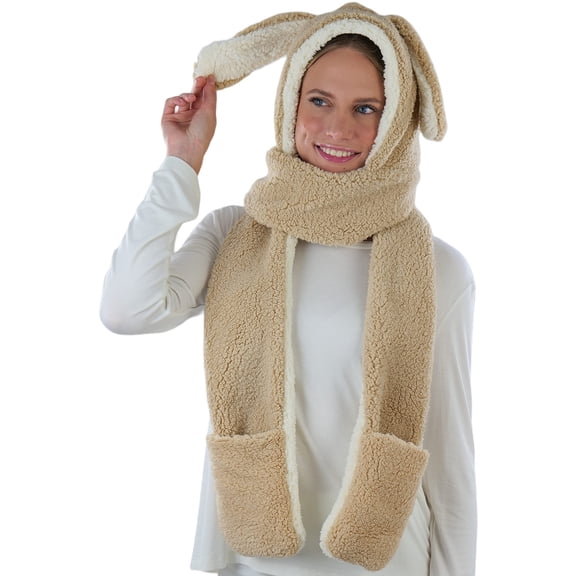 ToBeInStyle Women's Stylish Versatile Scarf - Plush Bunny Ears Scarf Wrap W/Glove Pockets - Beige - OS