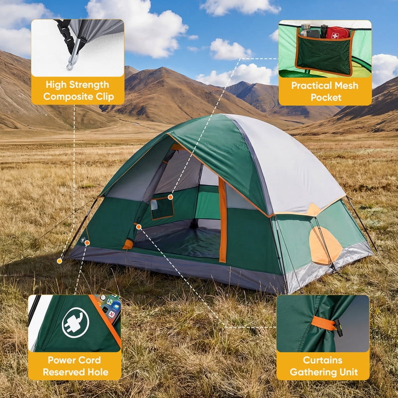 Gianna 4 Person Waterproof Camping Tent with Rainfly, Easy Setup Dome Tent with Mesh Windows & Skylights, Lightweight Portable Tent for Outdoor Camping, Festivals & Backyard, Green