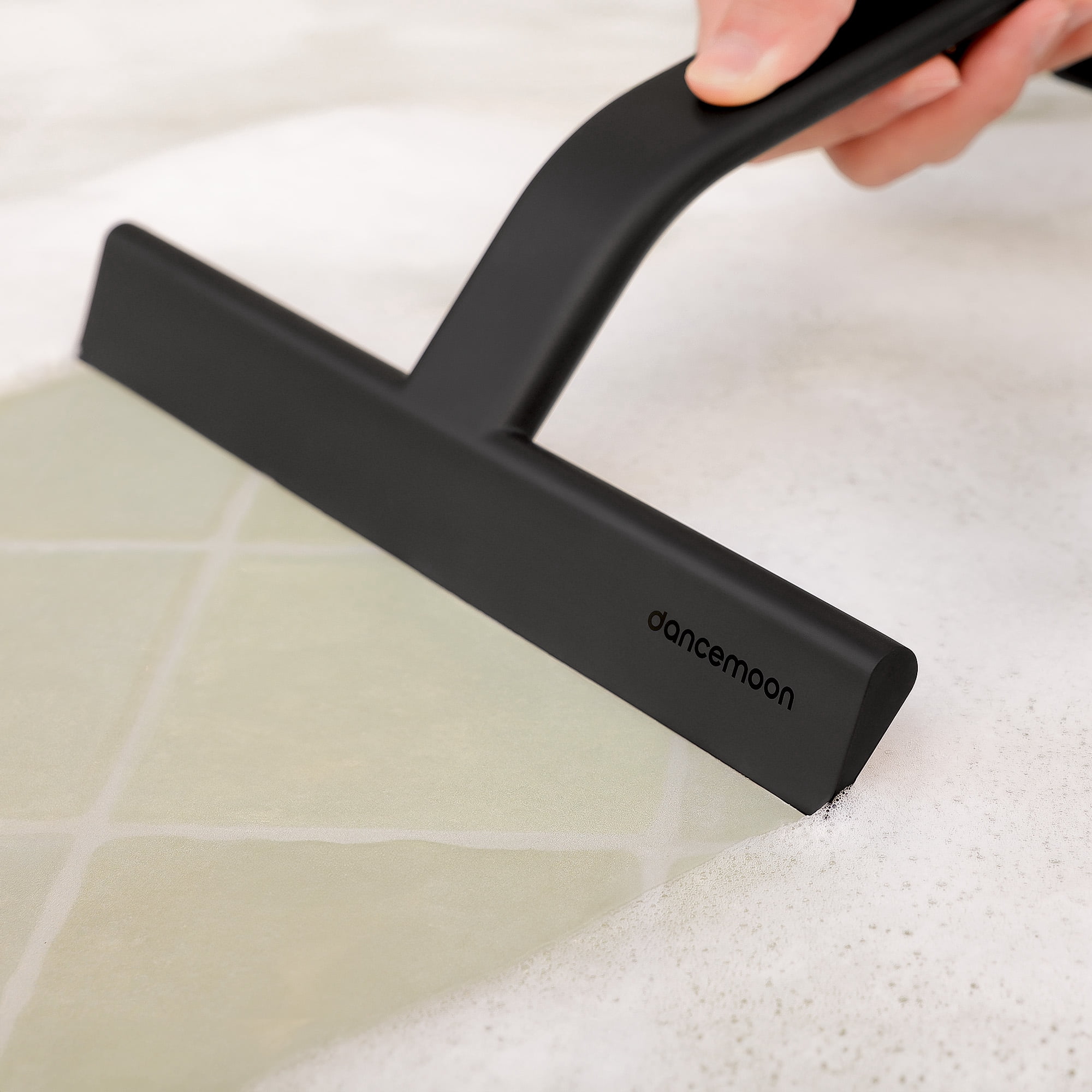 dancemoon Shower Squeegee for Glass Doors, One-Piece Soft-Touch Silicone Water Wiper with Built-in Hook for Bathroom and Tile Walls, 10-inch, Black