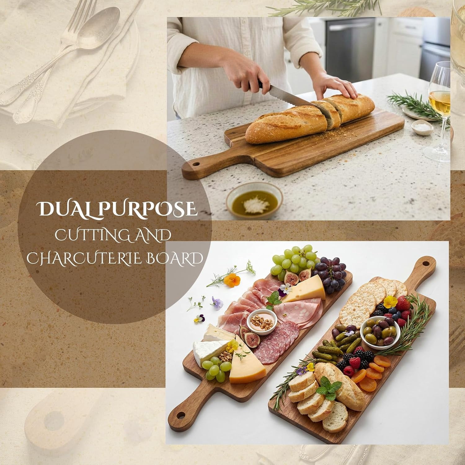 10 Pcs Wood Cutting Board with Handle 15.7 x 7.8 Inch Acacia Wooden Serving Kitchen Chopping Boards for Pizza, Bread, Cheese, Charcuterie, Fruit, Vegetables