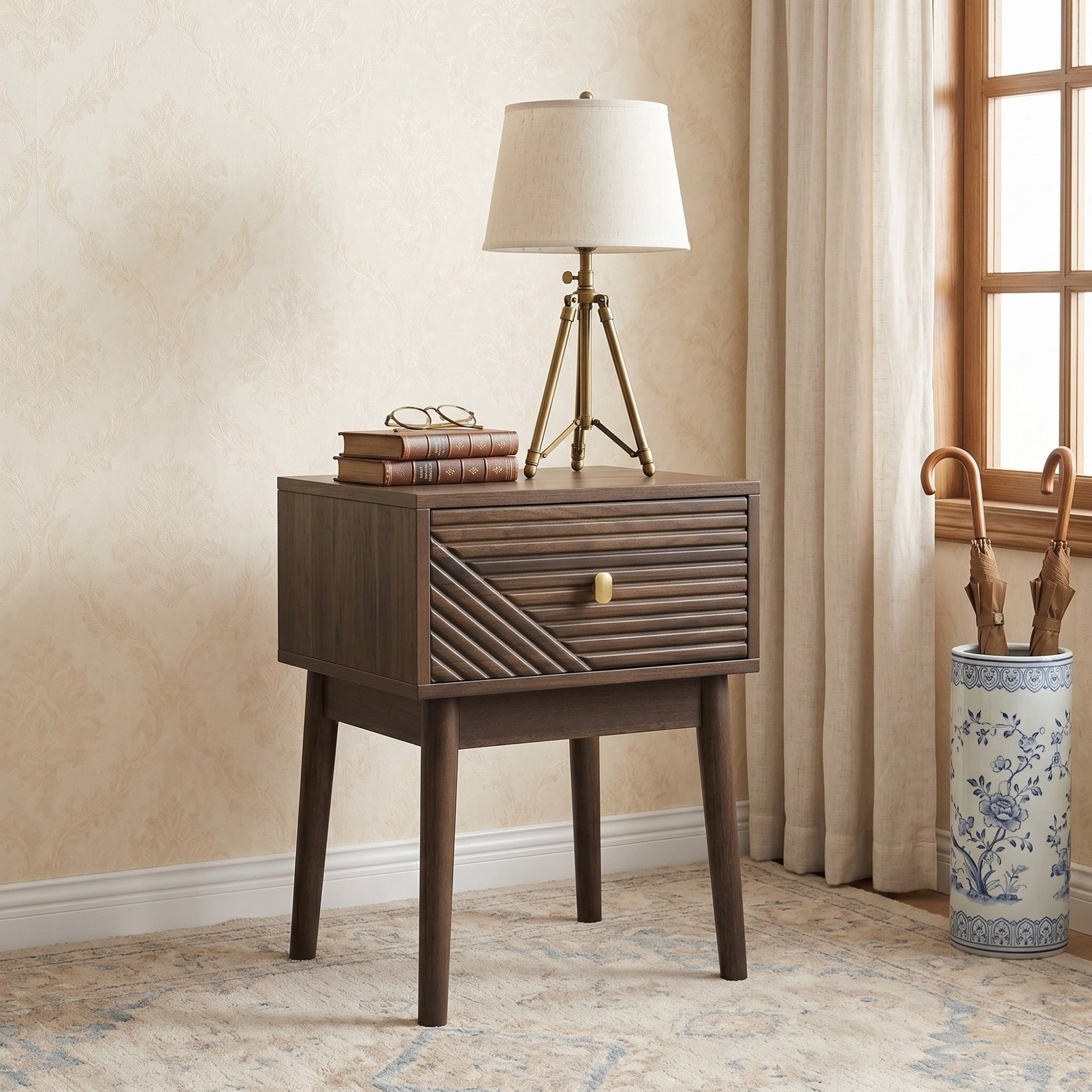 Sailvan Mid-Century Modern Walnut Bedside Table 2-Piece Set, with Metal Handles for Bedroom