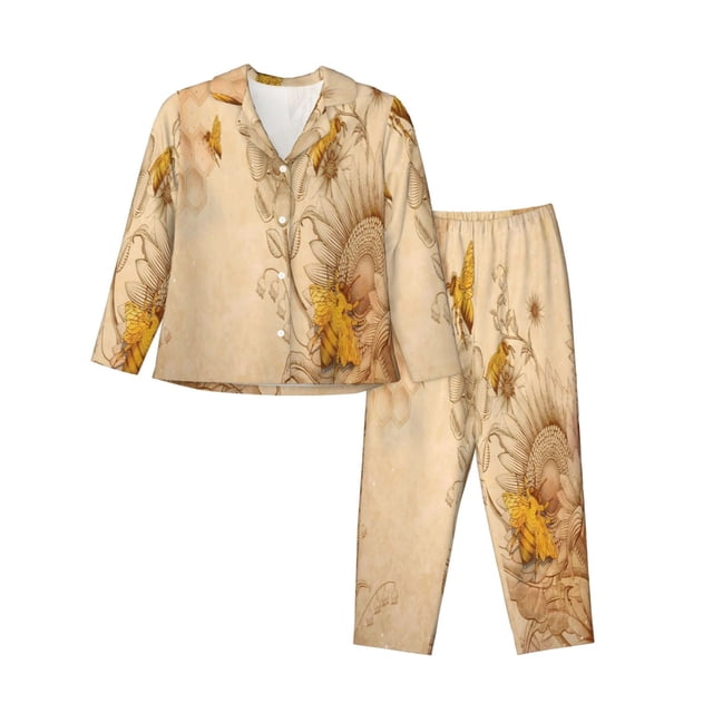 Balery Conjunto de Pijama con Estampado para Mujer, Conjunto de Dos Piezas con Manga Larga, Ropa de Dormir Suave con Bolsillos, Pijamas Cómodos-Medium