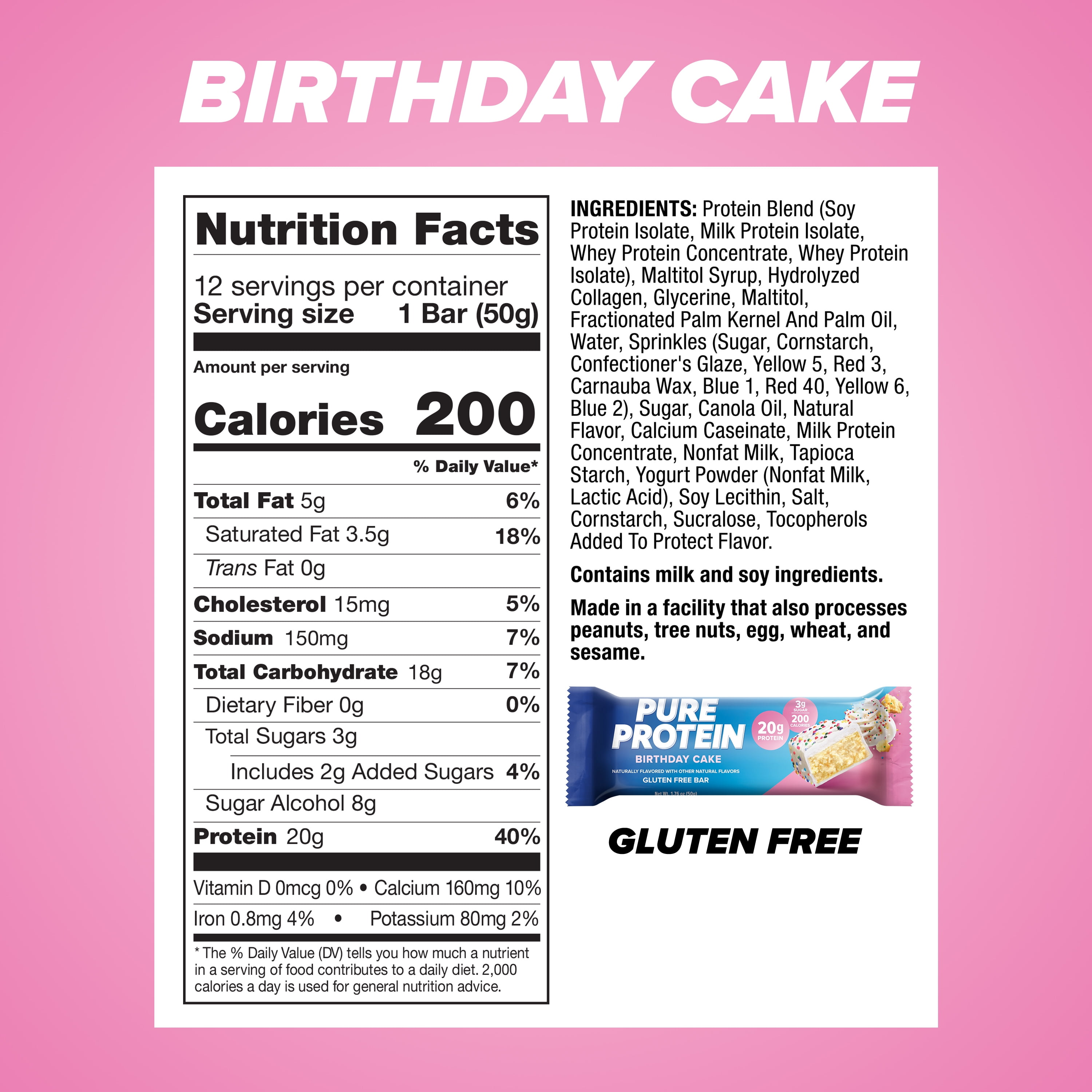 Pure Protein Bars, Birthday Cake, 20g Protein, 1.76 oz, 12 Count