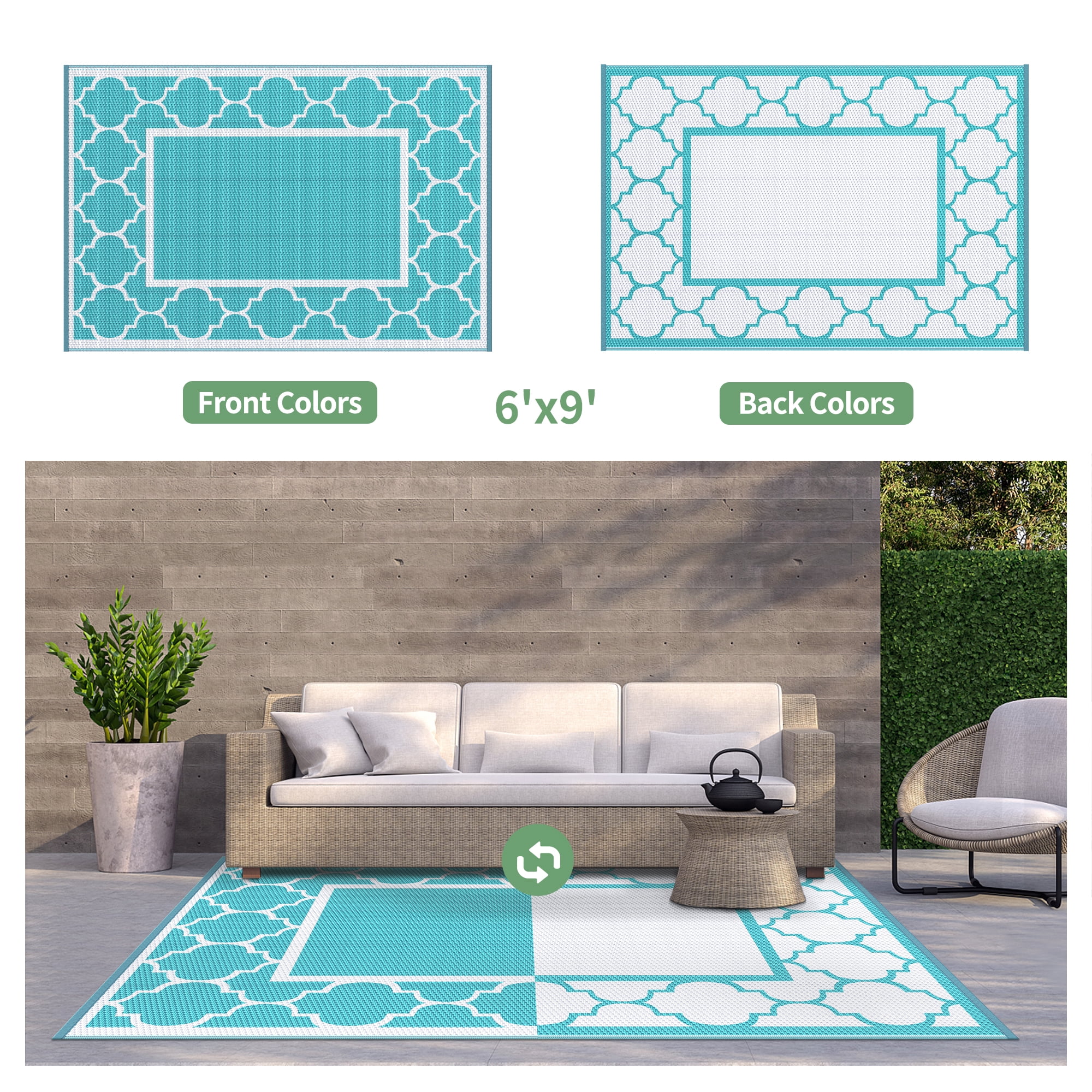 DEORAB Outdoor Rugs Waterproof Plastic Straw Mat 6'x9' Reversible for RV Patio Deck Beach Aqua Blue & White