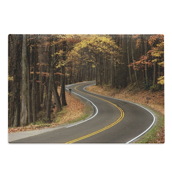 Fall Cutting Board, Curvy Roadway Through the Forest Smokey Mountains Change of Seasons Traveling, Decorative Tempered Glass Cutting and Serving Board, Large Size, Multicolor, by Ambesonne