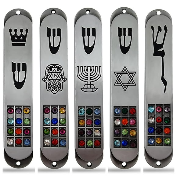 Set of 5 Pewter Jewish MEZUZAH CASE with Hoshen 12 Tribes of Israel Star of David Menorah Door Mezuza with Scroll 3.5 Inches