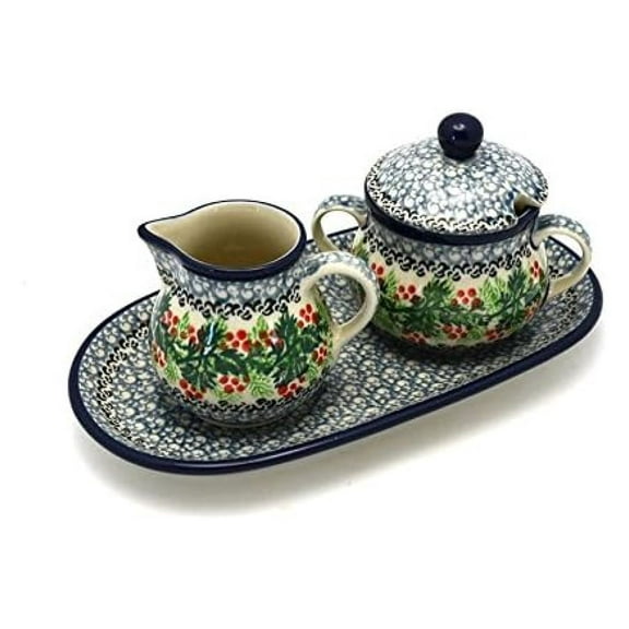 Polish Pottery Cream & Sugar Set - Holly Berry