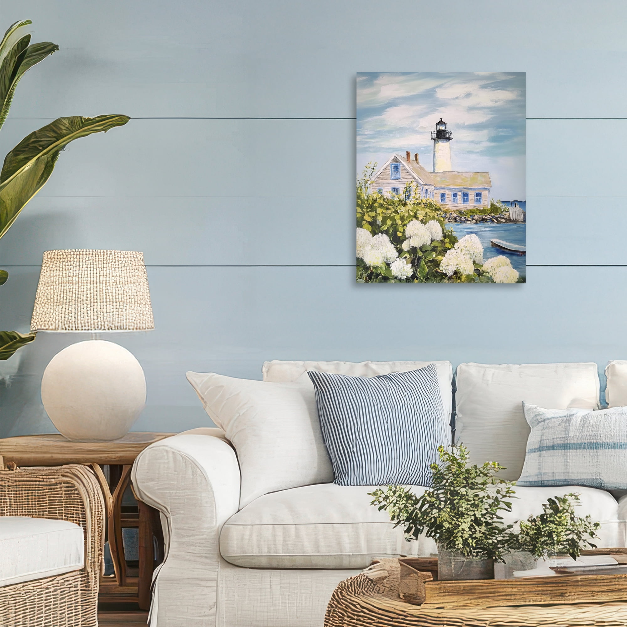 Stupell Industries Lighthouse Scenery with Hydrangeas Canvas Wall Art, design by Sisi and Seb