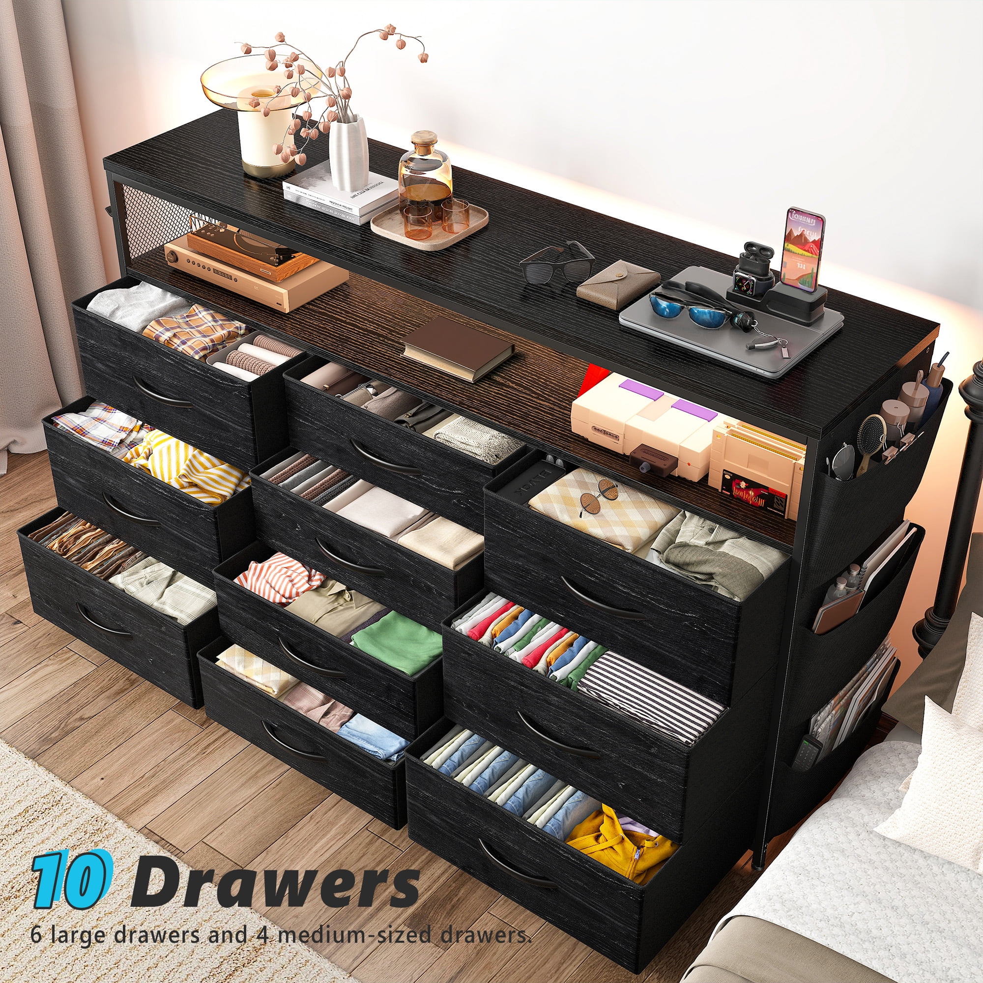 EnHomee Dressers for bedroom TV Stand with Power Outlets &LED Lights Wide Dresser with 10 Drawers&Side Pockets & Hook Fabric Chest of Drawers,Black