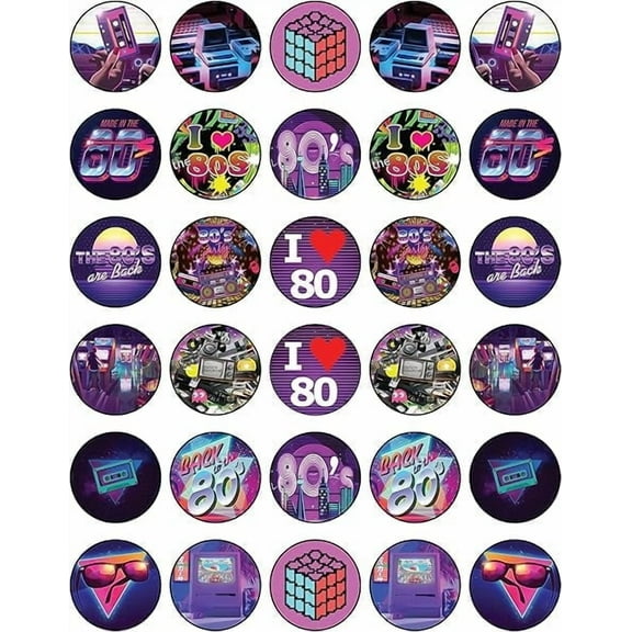 30 x Edible Cupcake Toppers Themed of 80s Retro Collection of Edible Cake Decorations | Uncut Edible on Wafer Sheet
