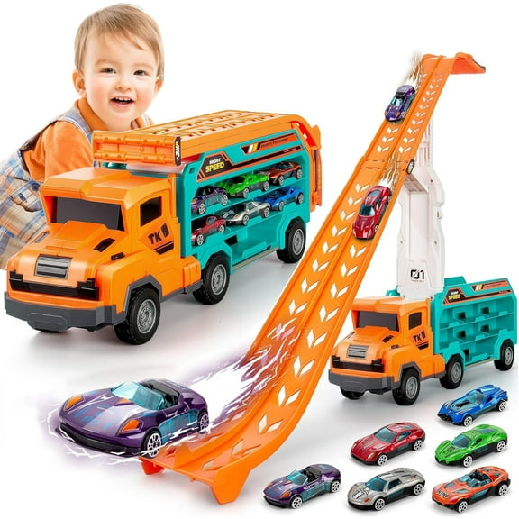 Truck Toys Car for 3, 4, 5, 6 Years Old Boys, Transport Truck Car Toy, Foldable 2 Layer Transport Car Toys with 27 in Race Track and 6 Metal Cars, Birthday Gifts for Toddler Boys Girls