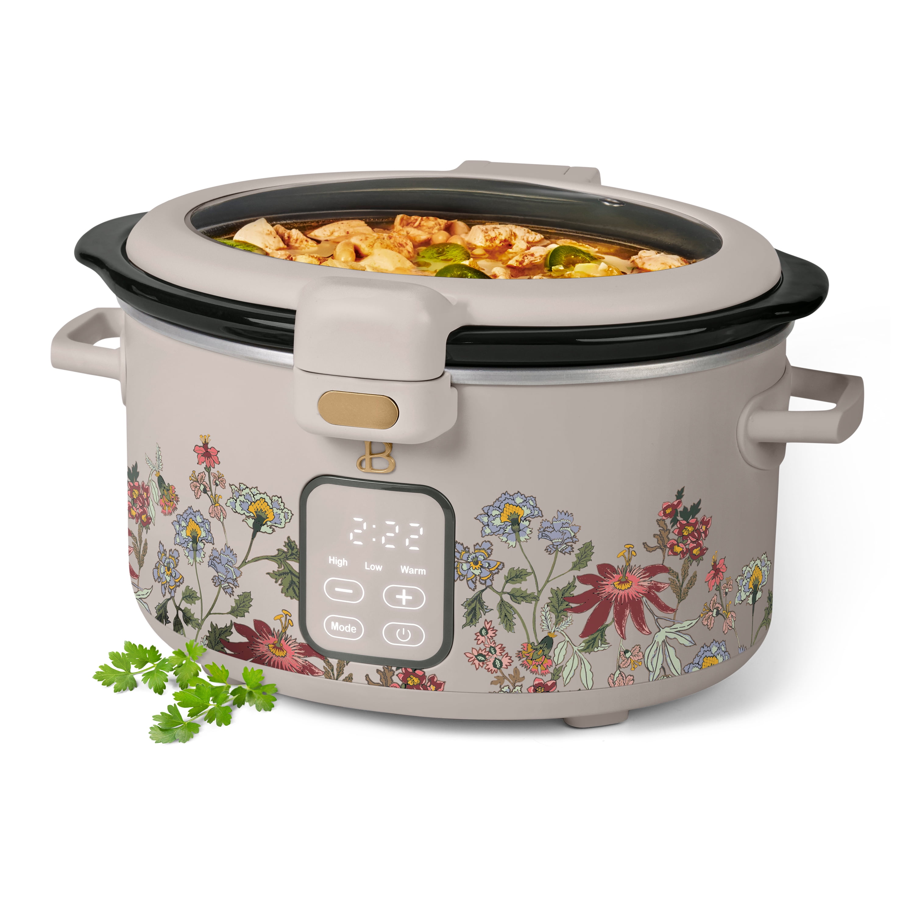 Beautiful 4 Qt Digital Slow Cooker with Hinged Locking Lid, Wildflower Porcini by Drew Barrymore