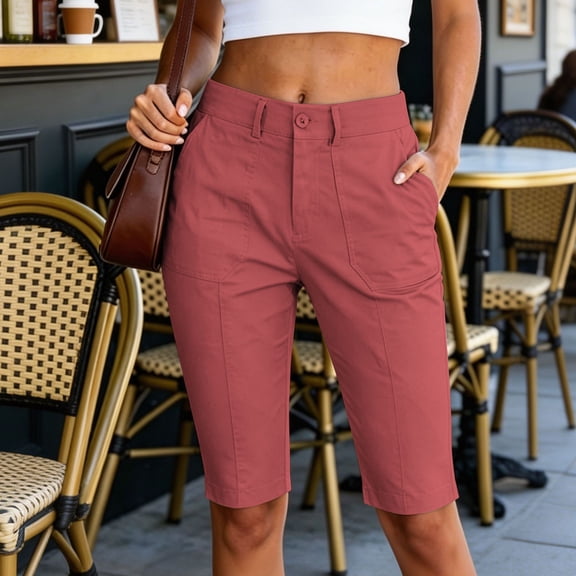 Women's Knee Length Shorts Baeitkot Women's Solid Color High Waisted Knee Length Shorts Casual Cargo Capris with Pockets Wine M