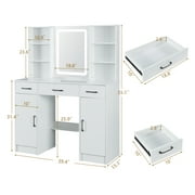 Caulitar Vanity Table Set with LED Lighted Mirror Makeup Vanity Desk with Stool & 3 Drawers & 2 Cabinets, White