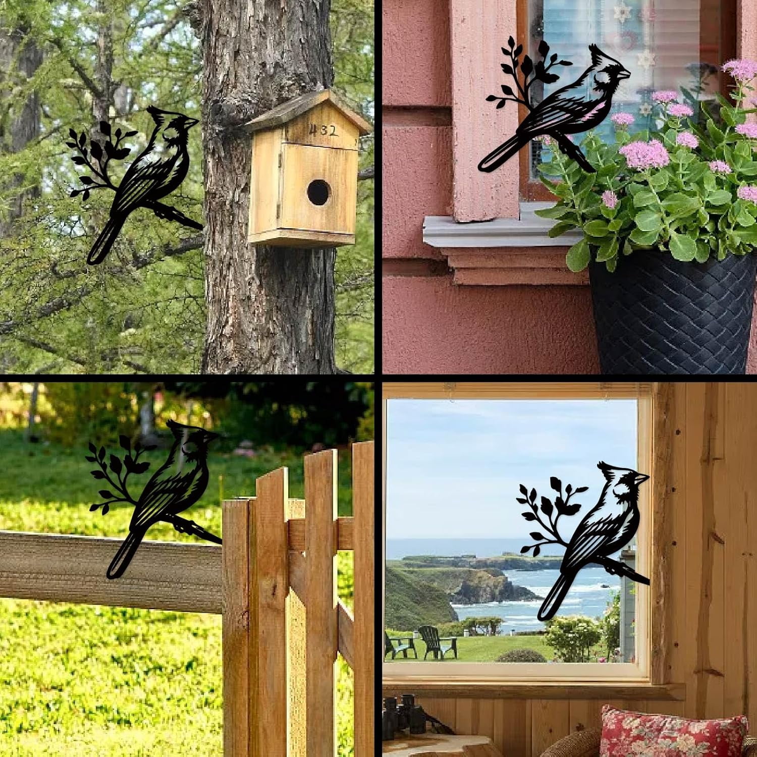Metal Bird Garden Decor Bird Garden Stakes Decorative Black Statue Sculpture Cardinal Gifts Figurines Silhouette Yard Art Insert Home Decor for Outdoor Tree Patio Housewarming 11.8x11.8inch