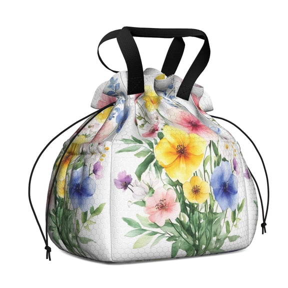 Pioneer Flower Drawstring Lunch Bag Women - Drawstring Lunch Bag Insulated for Work Office - Stain-Resistant Large Lunchbags for Women with Multi-Pockets
