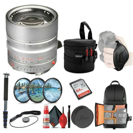 Leica Summilux-M 50mm F/1.4 ASPH. Lens (Silver) (11892) + 64GB Memory Card + Padded Lens Case + Filter Kit + BackPack + Full Size Monopod + Cleaning Set + Cap Keeper + Hand Strap