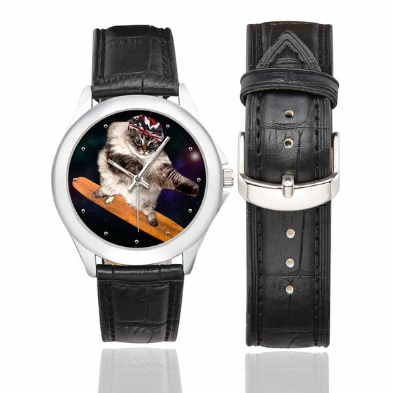 SUNENAT Funny Cat Skating in Space Women's Waterproof Stainless Steel Watch with Black Leather Band