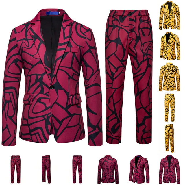 RKSTN Tuxedo Suits for Men 2PC Lapel Single Breasted Button Printed Dress Suit Sets Men's Turndown Regular Fits Floral Print Blazers and Pant 2 Piece Set Wedding Business Performance Prom Dress Set