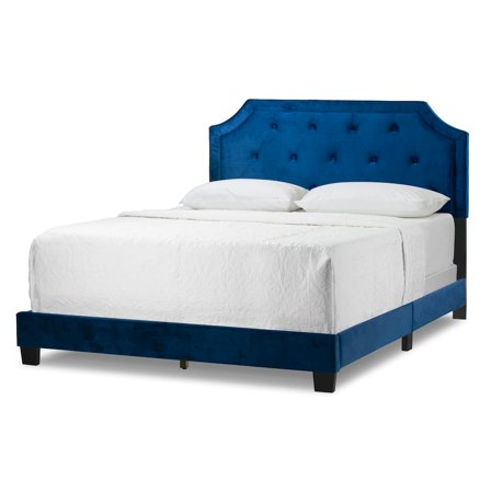 Glamour Home Aria Fabric Queen Bed with Piping and Button Tufting in Blue