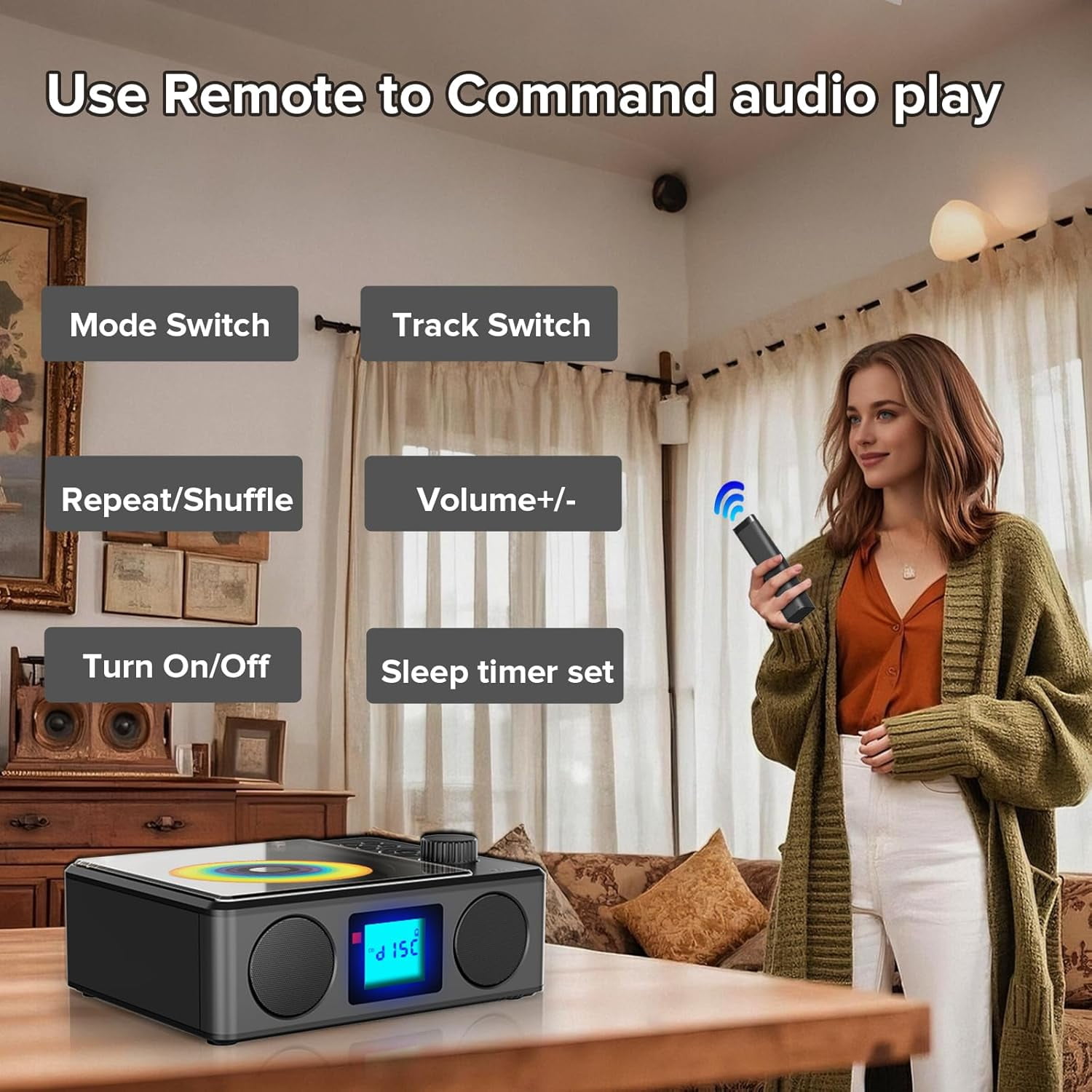 Portable CD Player Bluetooth with Speakers and Remote, Rechargeable Desktop CD Radio with Sleep Timer-Retro Portable CD Players for Home/Outdoor - USB/TF/LCD Display/Earphone Jack-Music Lover/Gift