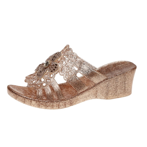 Fiaer Jelly Wedge Sandals for Women Open Toe on Rhinestone Flower Platform Sandals Comfortable Soft Casual Beach Clogs Gold 8.5