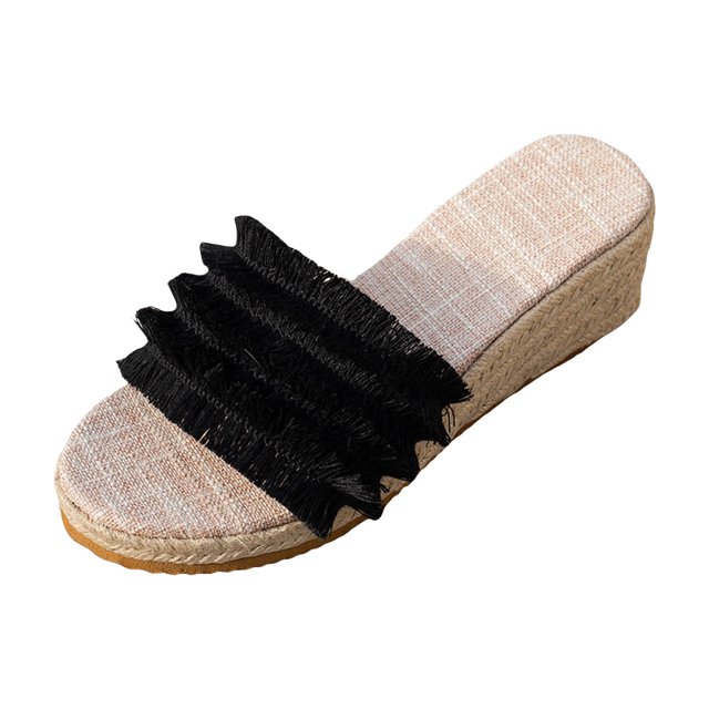 DAFEI Tassel Trim Sandals with Woven Straps Platform Wedge Heel Rope Sole Boho Toe Ring Slip On Sandals for Summer