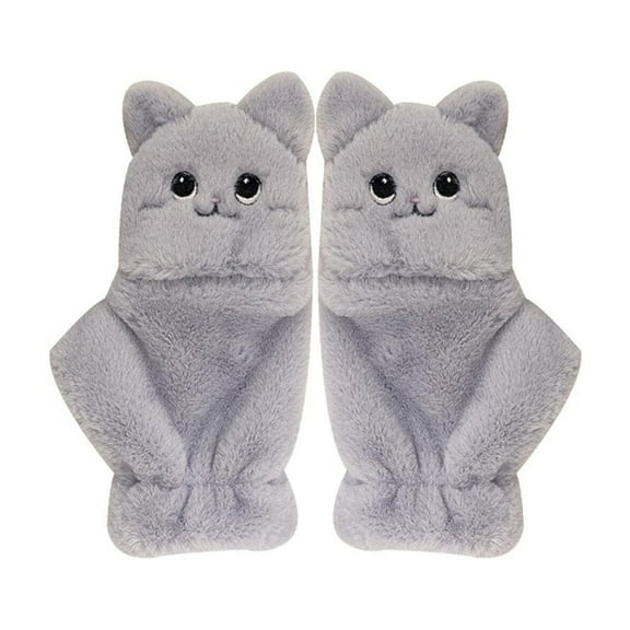 Aellinatey Lovely Plush Cat Mittens Fingerless Gloves for Women Flip Half Finger Gloves