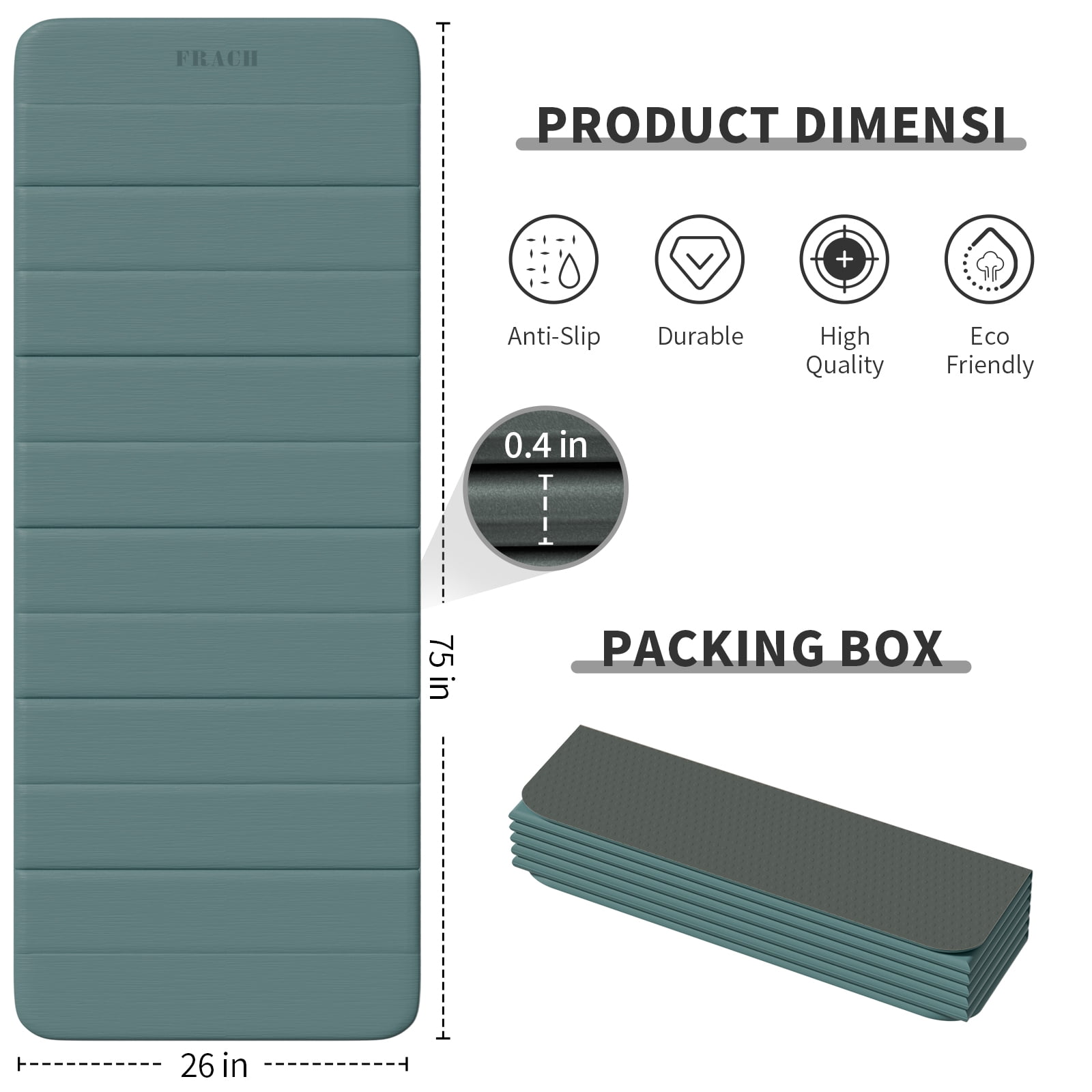 Frach Foldable Yoga Mat Extra Long 75",0.4" Thick Exercise Mat,Muti-fundctional,High-Density for Gym and Travel,Indoor and Outdoor(Green+Gray)