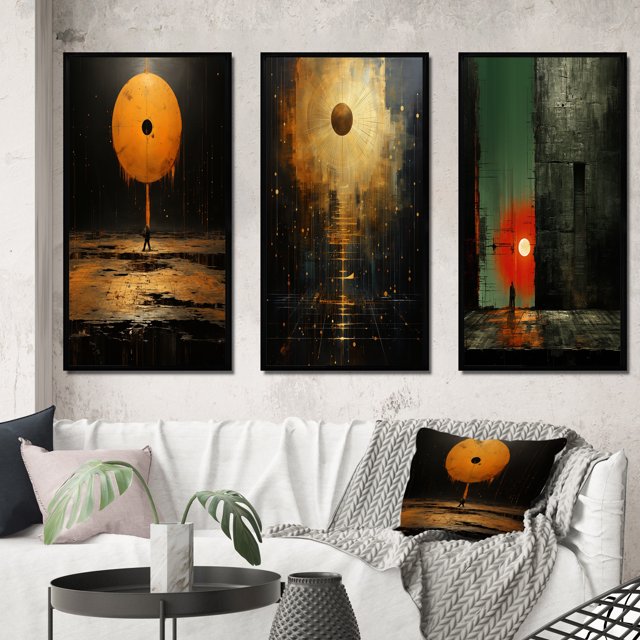 Designart "Urban Solitude under the Full Moon" Modern Geometric Framed Wall Art Set Of 3 - Black Abstract Geometric Frame Gallery Wall Set For Home Decor
