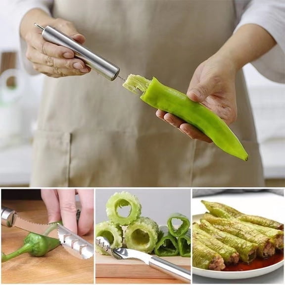 Home & Kitchen Supply, Jalapeno Corer Tool, Stainless Steel Kitchen Utensils, Prep, Stainless Steel, 9X5X1 Inch Serrated Edge Rotary Pepper Corer Seed Remover, for Bell Pepper