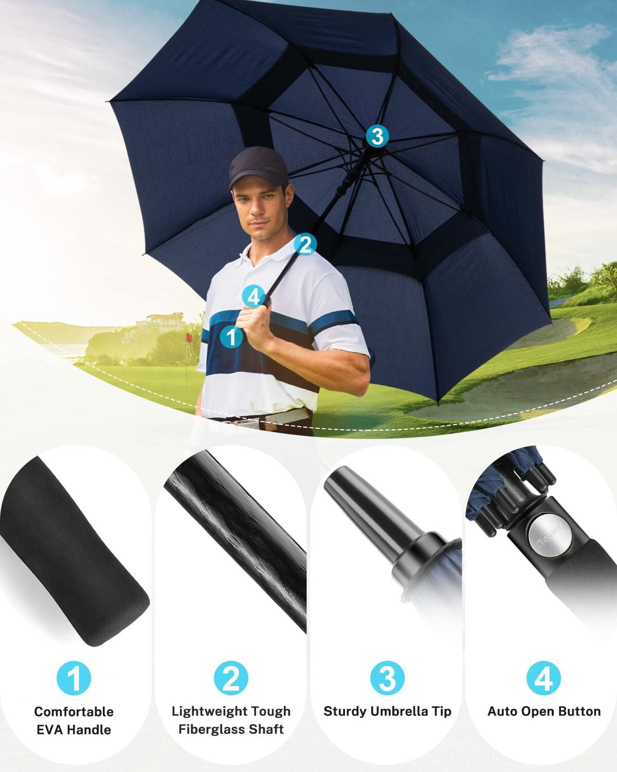 Gonex 72 Inch Automatic Open Golf Umbrella, Extra Large Vented Stick Umbrellas with Windproof Double Canopy