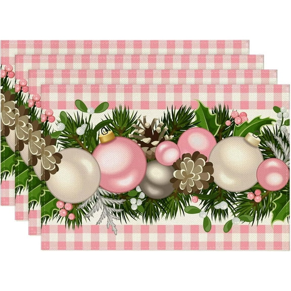 Linen Pink and White Buffalo Check Plaid Christmas Placemats Set of 4 Farmhouse Winter Christmas Xmas Holiday Home Kitchen Table Decorations