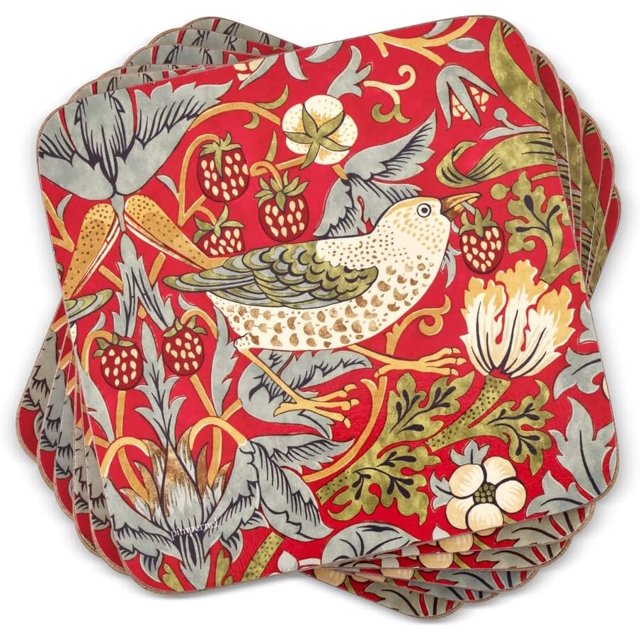 Pimpernel Morris & Co Dessous de Verre Rouges Fraise Thief, Ensemble de 6 - Tissu Résistant aux Taches et à la Chaleur - Dessous de Verre Carrés avec Motif Oiseaux et Botaniques pour Repas et Divertissements Élégants