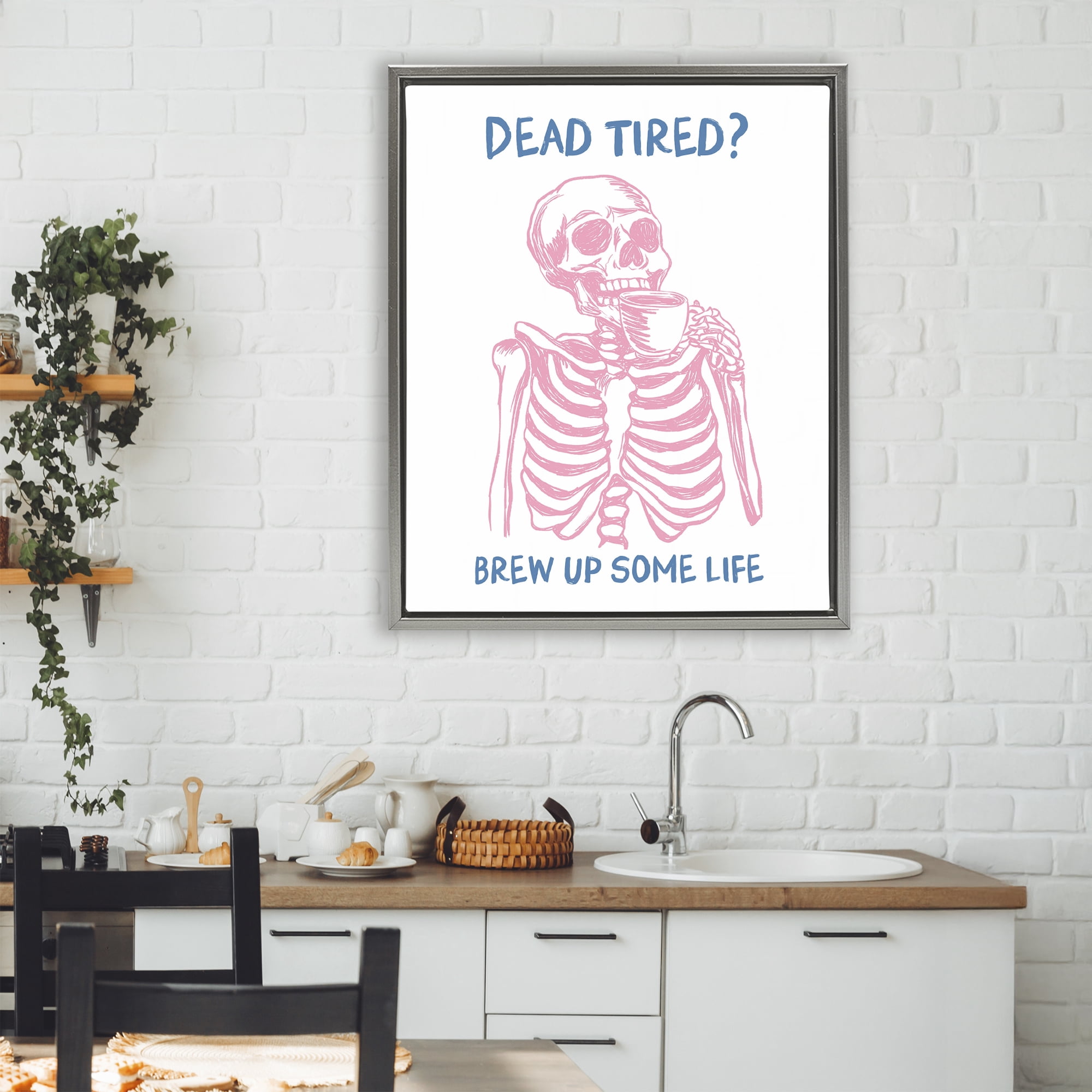 Stupell Industries Brew Up Life Skeleton Gray Framed Floater Canvas Wall Art design by JJ Design House LLC, 31 x 25