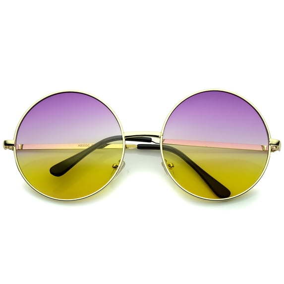 Super Oversize Slim Temple Colorful Gradient Lens Round Sunglasses 61mm (Gold / Purple-Yellow)