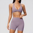 thumbnail image 2 of Telankuip Womens 2 Piece Workout Gym Outfits Tummy Control High Waist Stretch Seamless Tight Shorts Matching Sleeveless Deep V-Neck Halter Yoga Bra with Padded Casual Sports Sets 3-Purple XL, 2 of 5