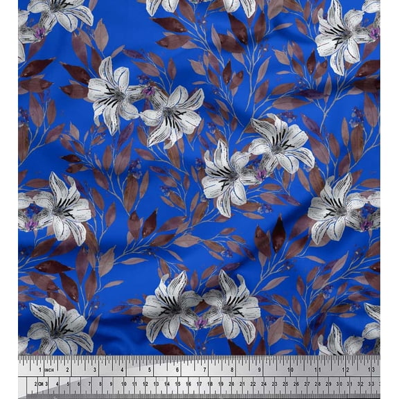 Soimoi Blue Cotton Duck Fabric Leaves & Lily Floral Print Fabric by the Yard 42 Inch Wide