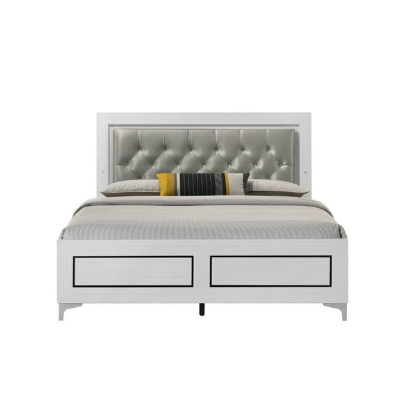White Finish Stylish 1pc Eastern King Size Bed Button-Tufted LED Headboard Gray PU Padded Furniture