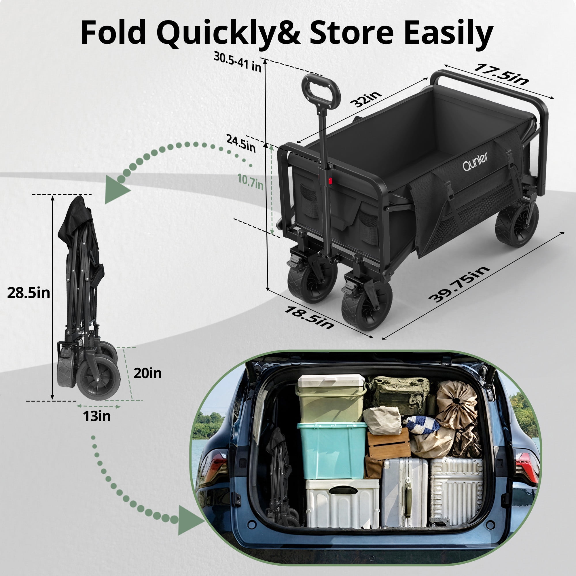 Qunler Collapsible Wagon Cart, 560lbs Heavy Duty Large Utility Garden Cart with Brake Wheels and Side Pocket for Camping, Shopping, Kids, Sports, Grocery, Black